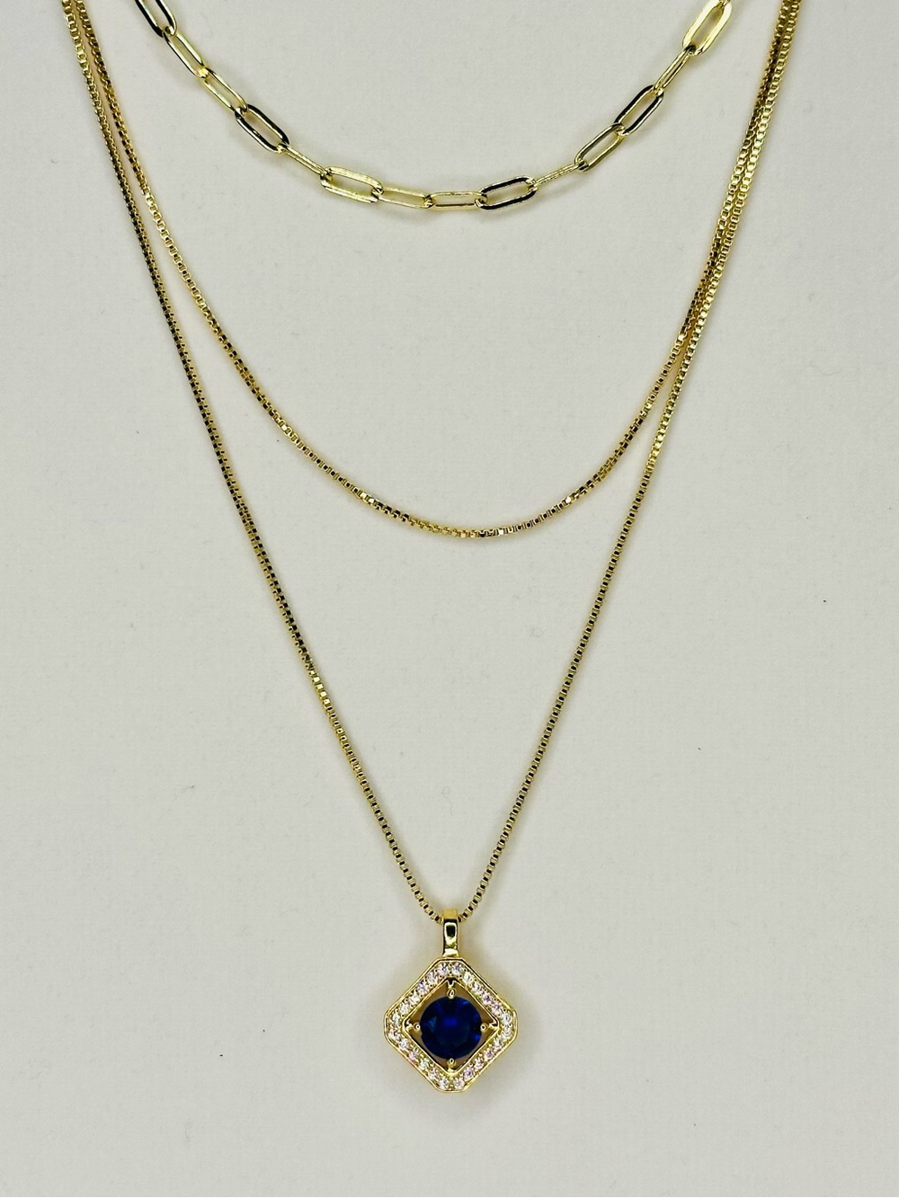 Gold Plated Layered Necklace Blue CZ Halo Pendant Paperclip Chain 3 Layer